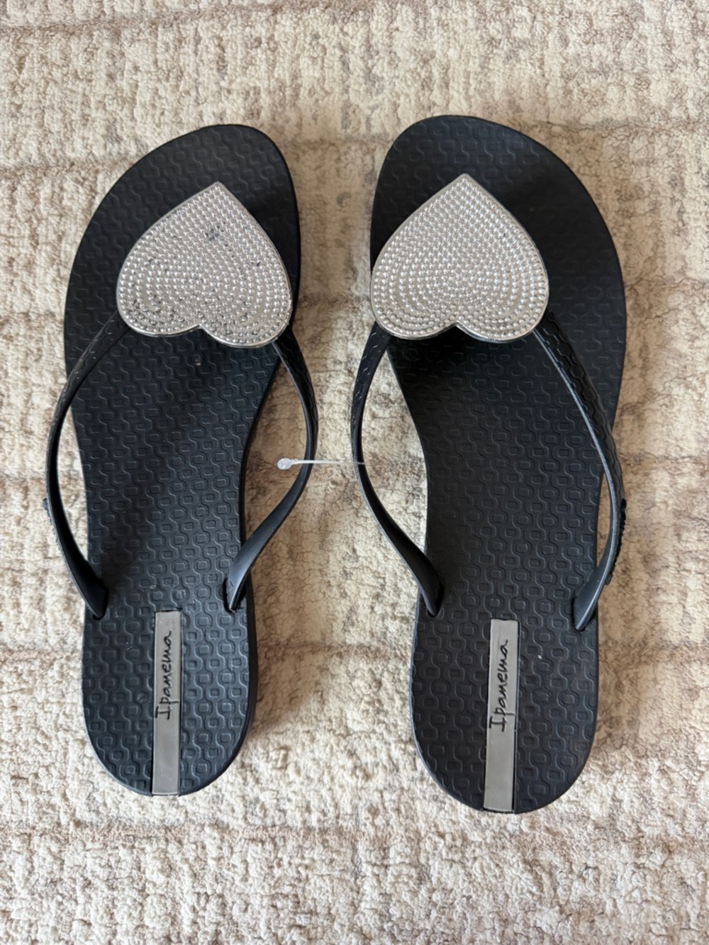 Ipanema Black Flip Flops with Silver Heart Embellishment